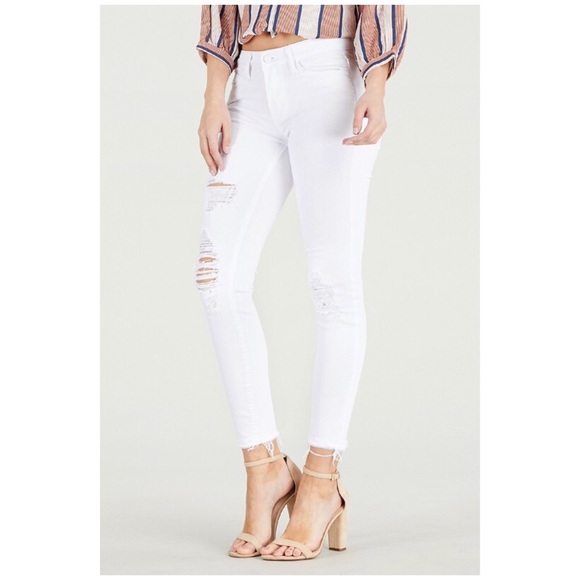 CLEARANCE White Mid Rise Destroyed Hem Cropped Skinny Jeans - Picture 3 of 5